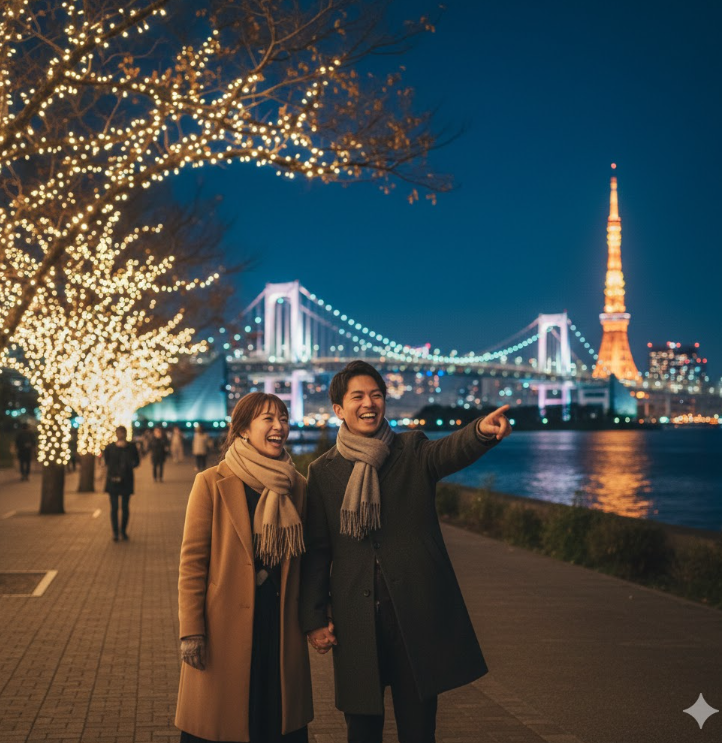 お台場の海沿いからレインボーブリッジの夜景とイルミネーションを楽しむ日本人のカップル