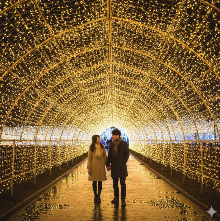 なばなの里の美しいイルミネーション。冬の澄んだ空気の中、光のトンネルが幻想的に輝き、カップルが手を取り合って歩いている。