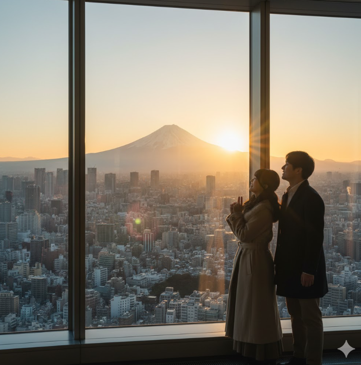六本木の展望台から望む、元旦の澄んだ空気の中に美しく見える初富士と東京の街並み