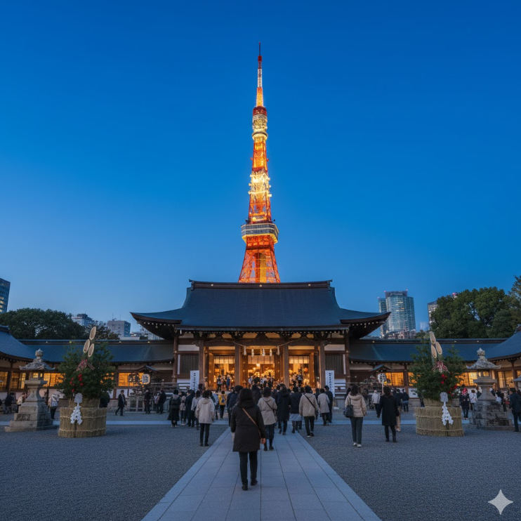 東京タワーを背景に広々とした境内で初詣ができる増上寺の風景