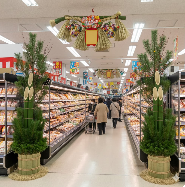 お正月飾りや門松が飾られた、元旦に営業している東京の明るいスーパーマーケット店内の様子。