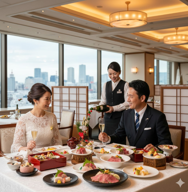 東京のホテルの高級感あふれるレストランで、お正月限定のランチコースや華やかなブッフェ料理を楽しむ日本人のカップル。