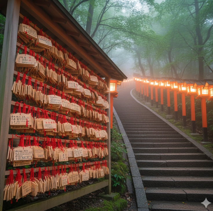 絵馬発祥の地とされる貴船神社の、赤灯籠が並ぶ参道と願い事が込められた絵馬掛けの風景