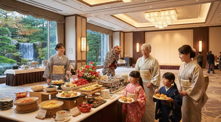 ホテルの広々としたブッフェ会場で、和服姿の三世代家族が楽しげに食事を選んでいる。
