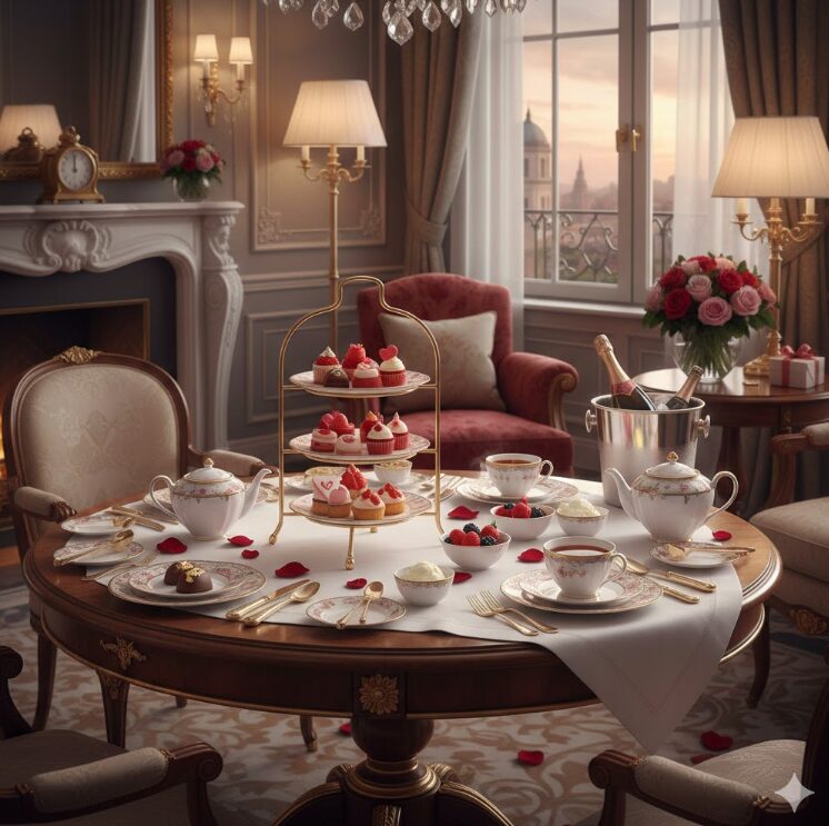 ラグジュアリーホテルの豪華な個室で、バレンタインのアフタヌーンティーのお菓子やお茶が盛り付けられている様子