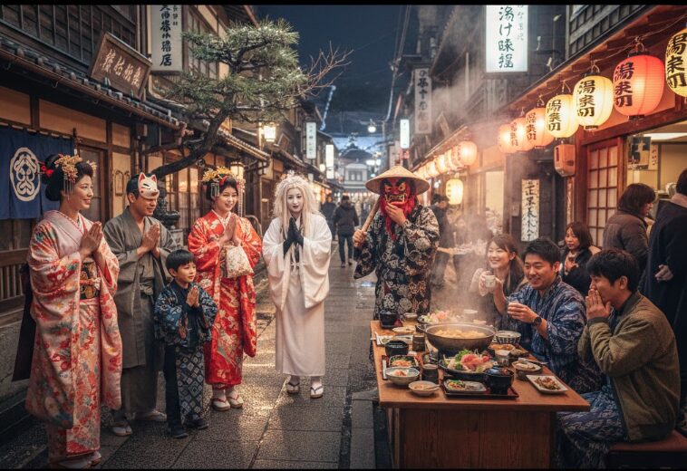 背景には「あわら温泉」を象徴するレトロな街並みや足湯の建物が見える。冬の柔らかな日差しの中、参加者が楽しそうに交流している。