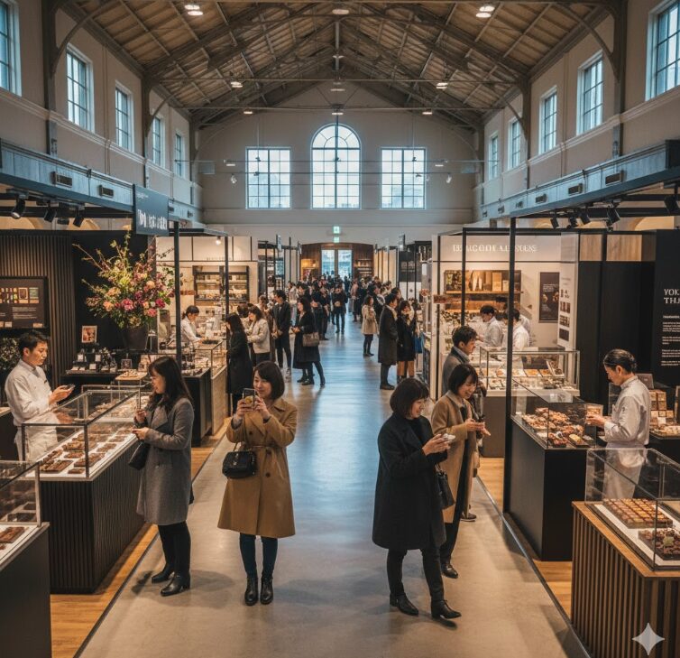 2026年の大阪の百貨店催事場をイメージした、華やかで活気のある風景。天井が高くモダンな内装の会場に、洗練されたデザインのチョコブースが並び、多くのアジア人（日本人）の来場者が楽しそうに商品を選んでいる様子。