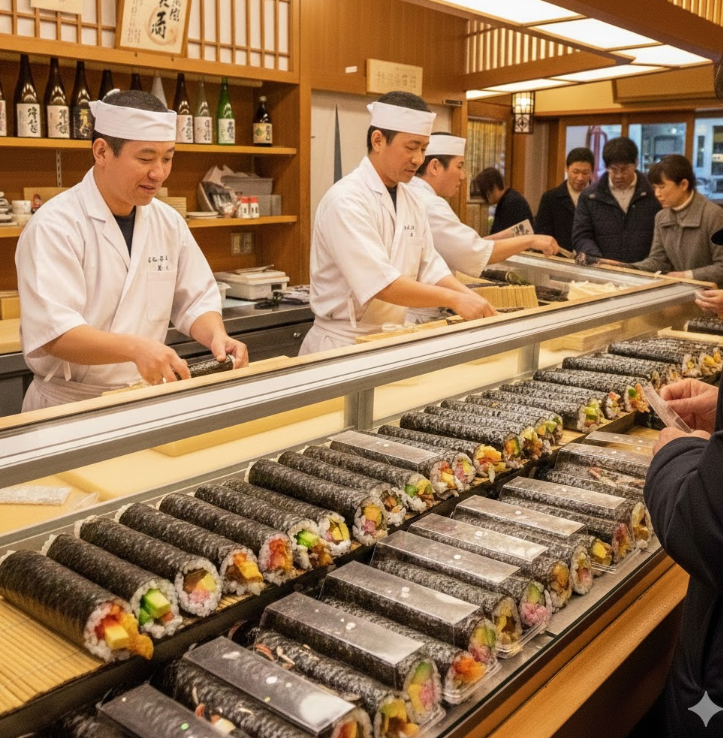 寿司屋で恵方巻を販売している様子