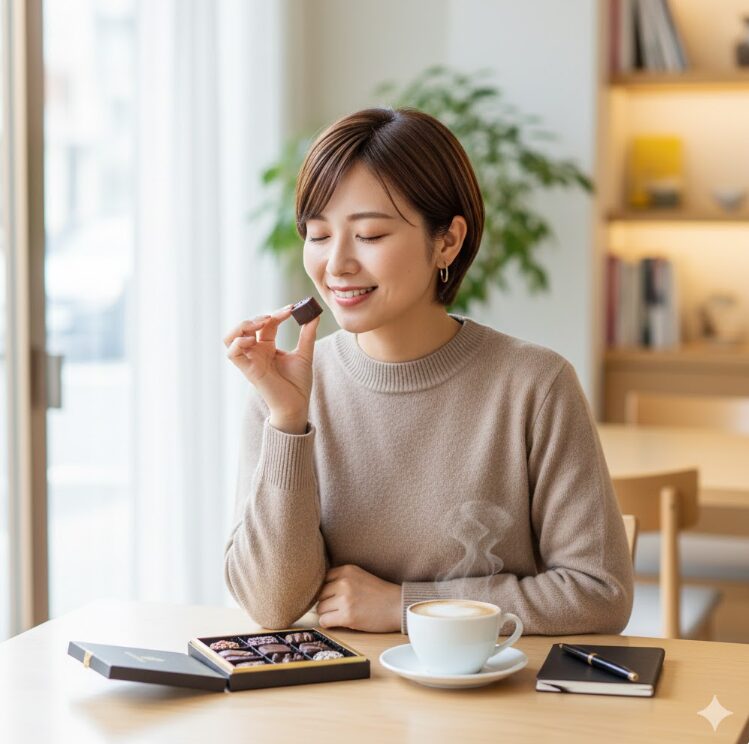 清潔感のあるモダンなカフェや自宅の書斎で、1人の日本人女性が高級感のあるチョコレートを一粒、幸せそうに口へ運ぼうとしているシーン。テーブルにはコーヒーと、丁寧に並べられたショコラの小箱、手帳が置かれている。