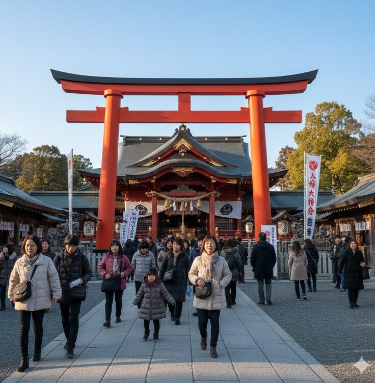 節分祭で賑わう出雲大社相模分祠の境内と美しい神社建築の全景