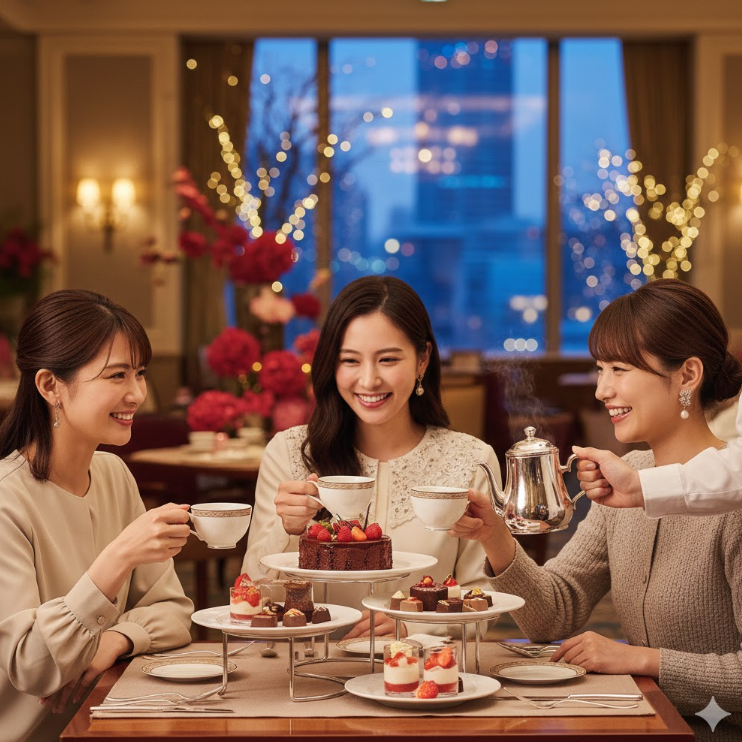 高級ホテルのバレンタインフェアに来て、チョコレートスイーツを食べる女友達3人