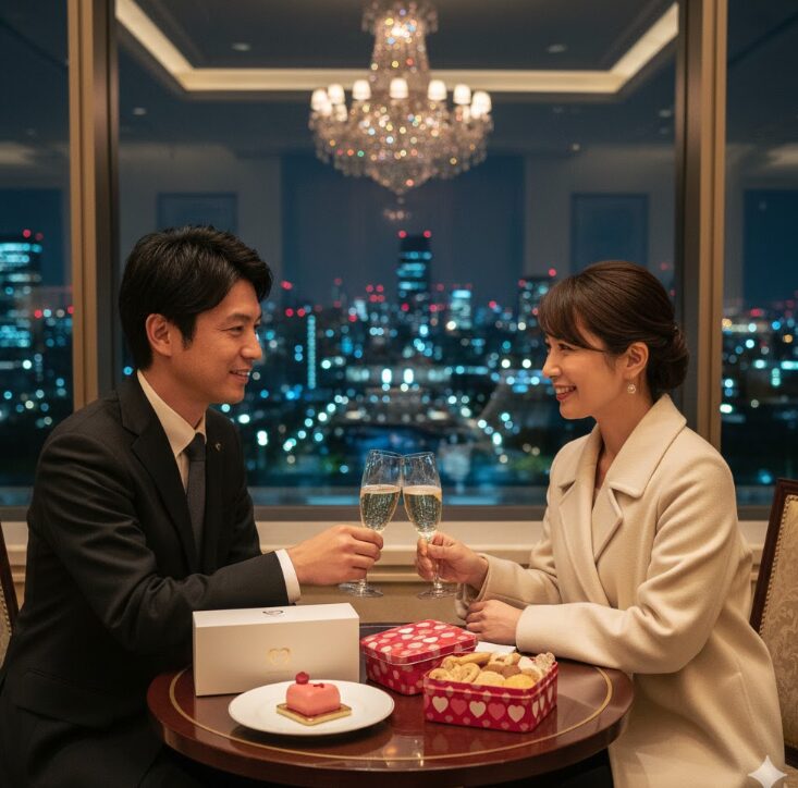 ホテルの重厚感あるロビーラウンジを背景に、テーブルの上にはバレンタイン限定のチョコレートボックスと、ペアのシャンパングラスが置かれている様子。窓の外には恵比寿の柔らかな夜景が広がる。