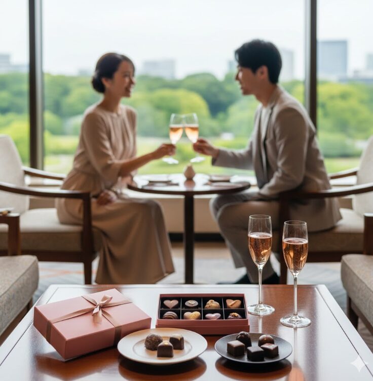 画像内容: パレスホテル東京の洗練されたラウンジを背景に、窓から皇居外苑の緑が見える。手前のテーブルには、2026年の新作ショコラとシャンパングラスが美しく並べられ、上質なひとときを過ごす日本人カップルの姿がわずかに写り込んでいる様子。