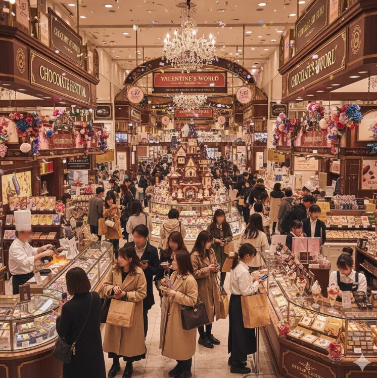 チョコレートに関する催事が行われている、華やかな百貨店の中のイメージ