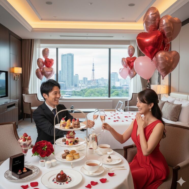 名古屋の街並み（名古屋駅周辺のビル群やテレビ塔など）を背景に、ホテルのラグジュアリーな一室でバレンタインを楽しむカップルの様子。テーブルにはシャンパンやチョコが並び、土曜日のゆったりとした宿泊をイメージさせる。