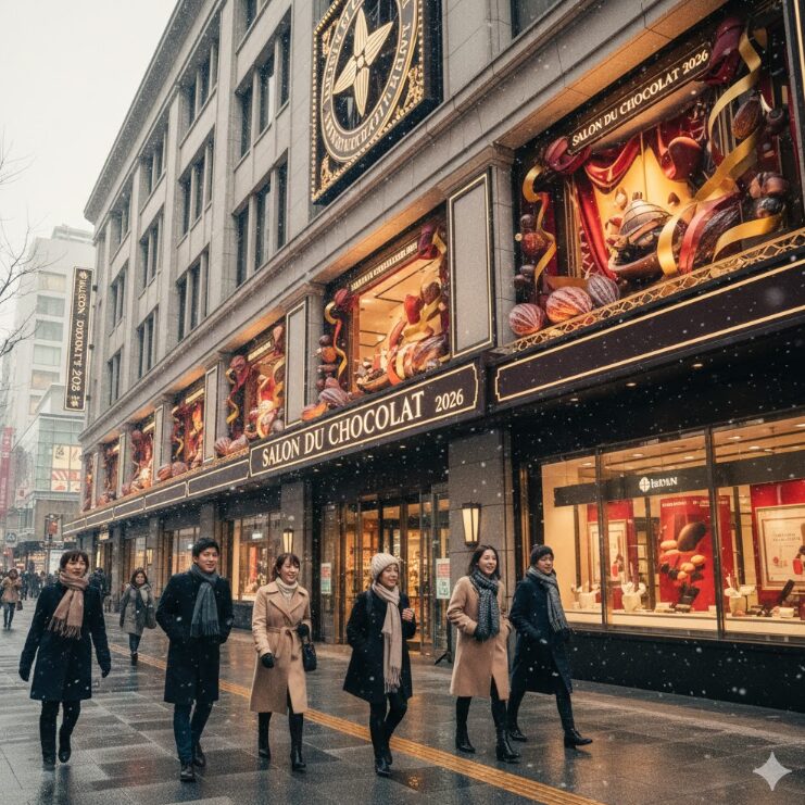 冬の新宿伊勢丹本館の外観。歴史ある建物のショーウィンドウには、バレンタインを象徴する華やかなチョコレートの装飾が施されている。建物の前には、イベントを楽しみに訪れるコート姿の日本人男女が数人、期待に満ちた表情で歩いている。