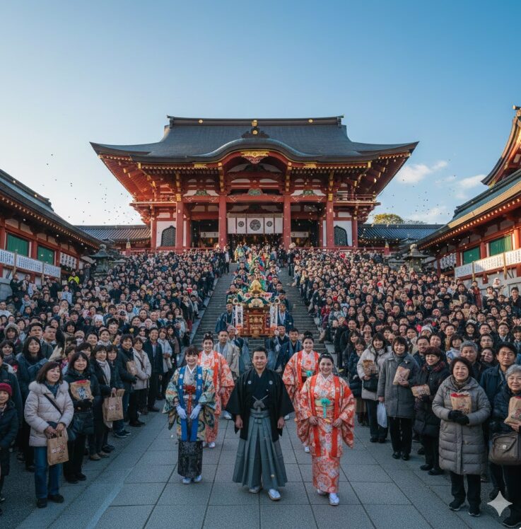 池上本門寺の壮大な本殿を背景に、華やかな裃（かみしも）を着用した福男・福女と、豆まきに参加するため集まった大勢の参拝者が笑顔で集まっている様子。