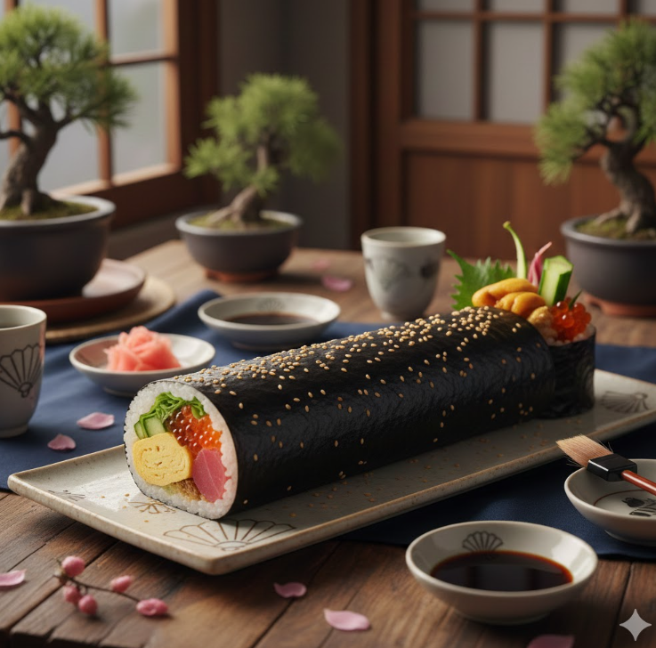 美味しそうな高級恵方巻がテーブルに行かれている様子