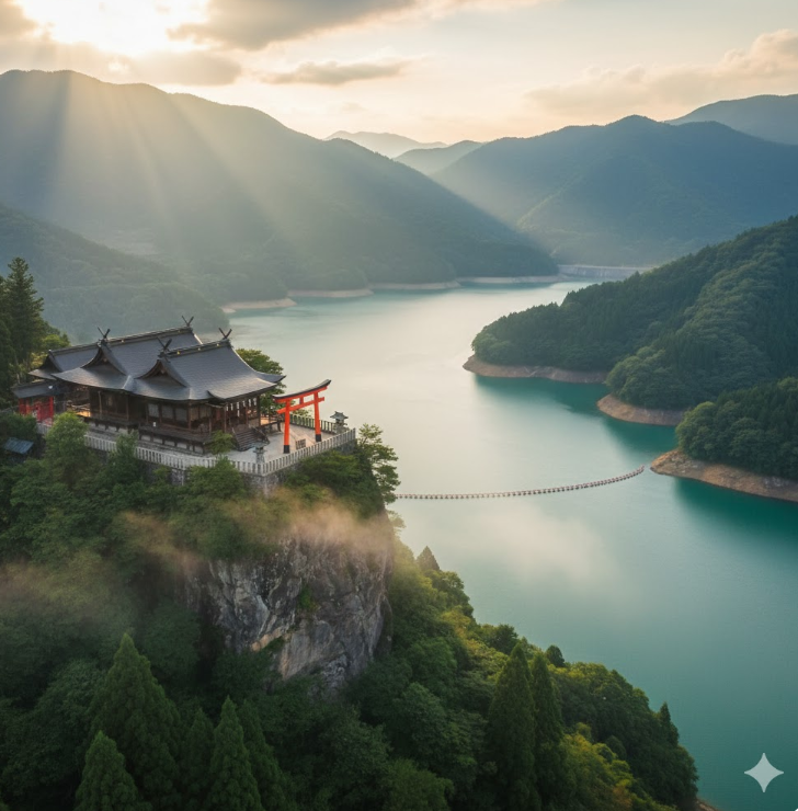 ダム湖を見下ろす天空のような場所にある丹生川上神社上社のイメージ