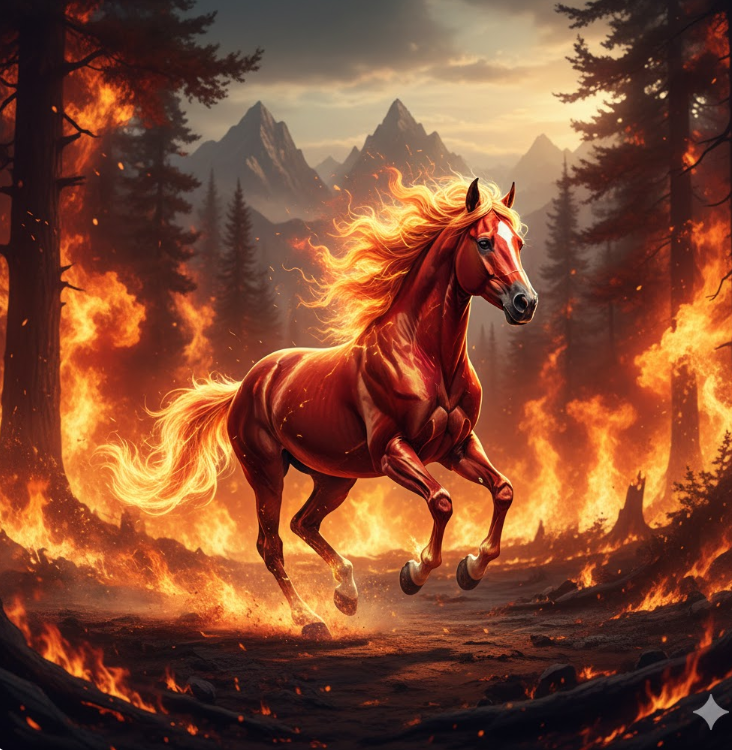 丙午をイメージする、炎の中をかけるかっこいい馬のイメージ