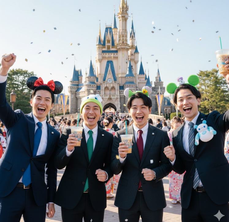 成人の日のイベントでディズニーランドに来ているフレッシュな男性グループ

