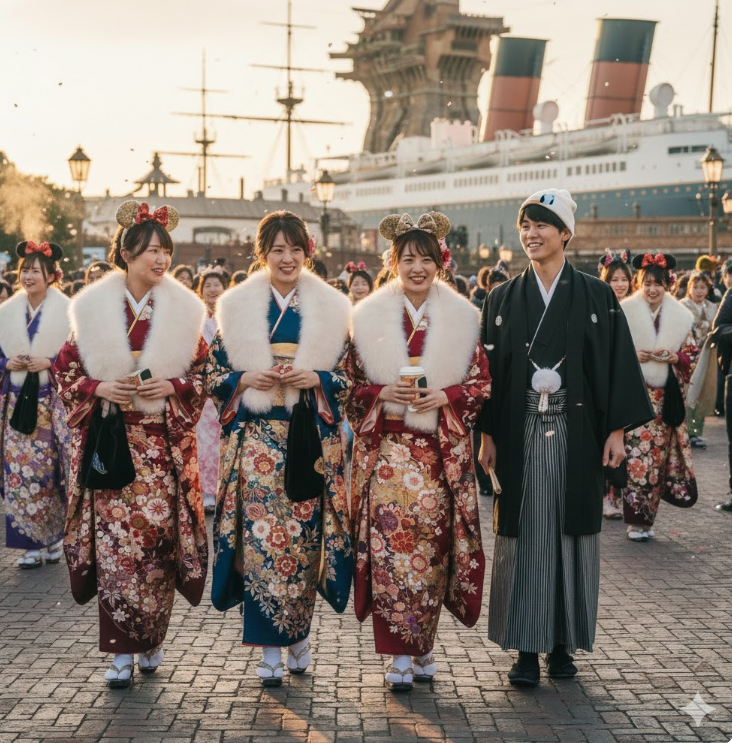 成人の日にディズニーで遊ぶ若者。振袖の上にファーストールや羽織物を着て、しっかりと防寒対策をしている。