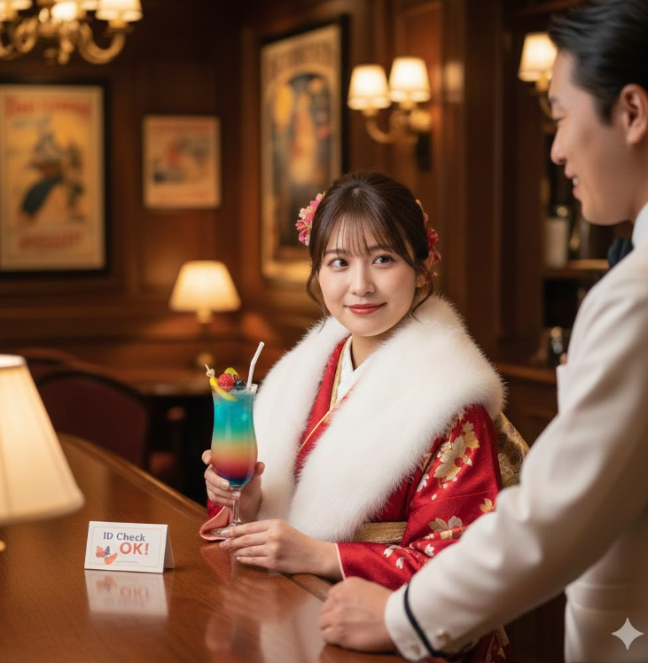 成人の日に、ディズニーでお洒落なカクテルを注文した振袖の女性

