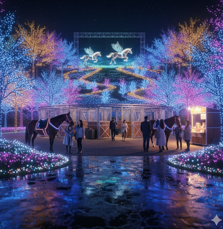東京メガイルミで客が馬と触れ合う風景
