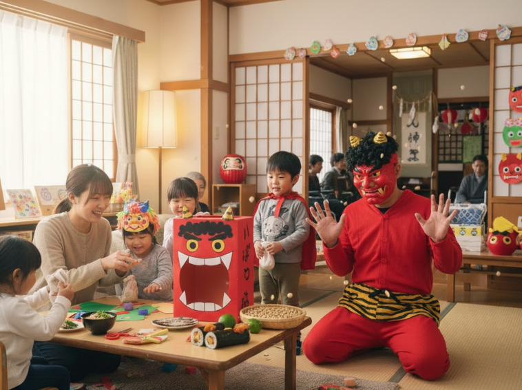 子どもだちと節分の制作やゲームを楽しむ風景