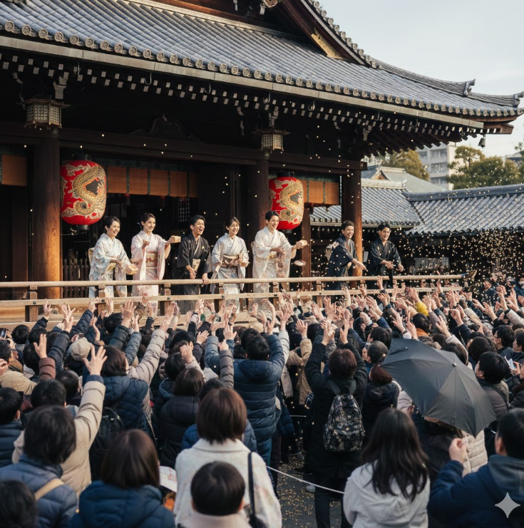 節分のイベントで豆まきをす女優や俳優の様子
