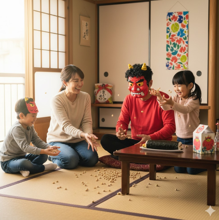 節分の豆まきを楽しむ家族の様子