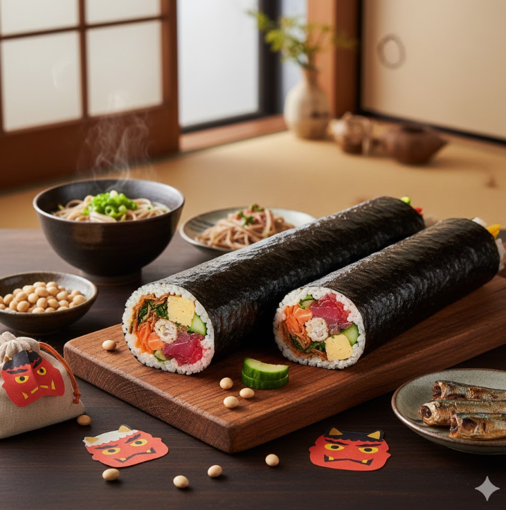 節分をイメージする、テーブルにセッティングされた美味しそうな恵方巻