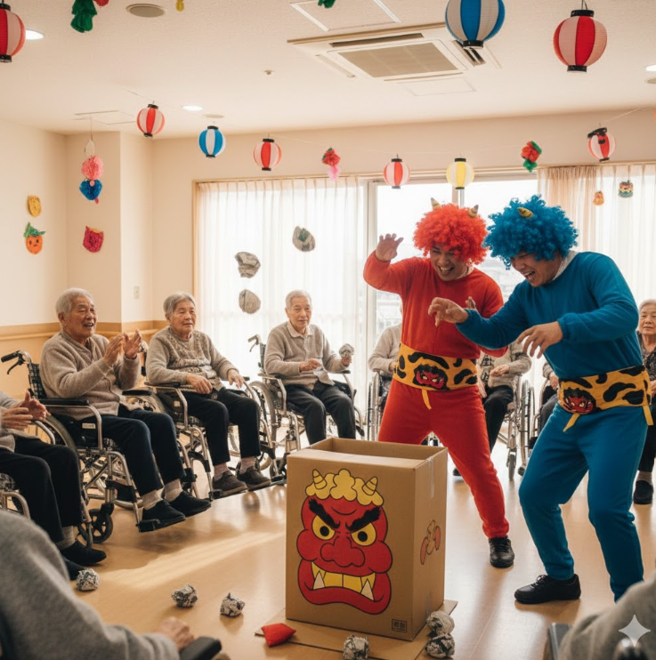 高齢者施設で鬼退治玉入れのゲームをしている様子