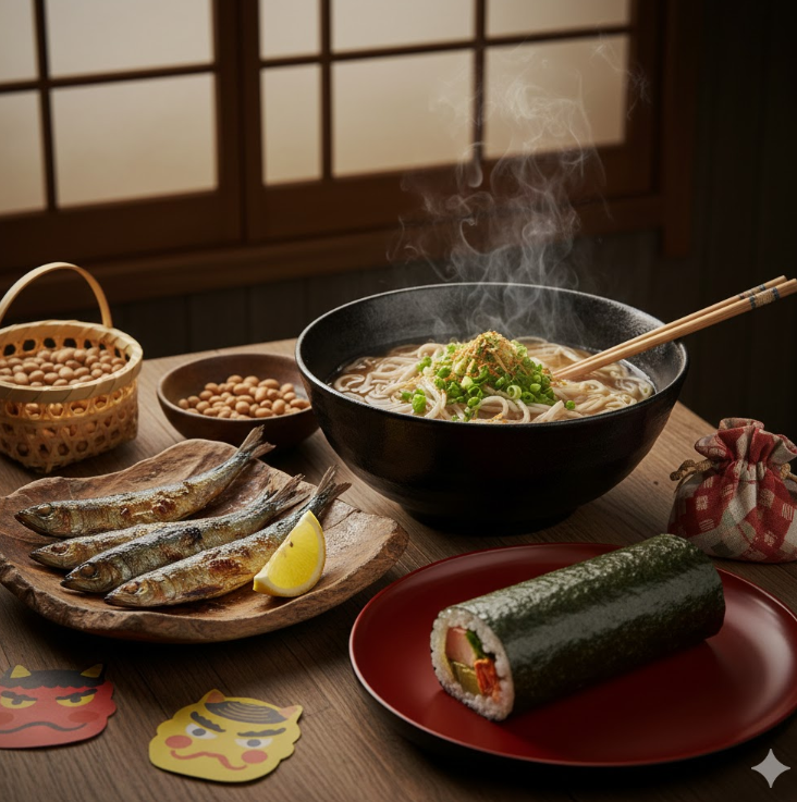 節分で食べられる「節分そば」や「いわし」が盛り付けられたテーブル