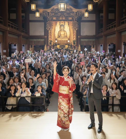 善光寺に人気のタレントがゲスト出演し、会場が盛り上がっている様子