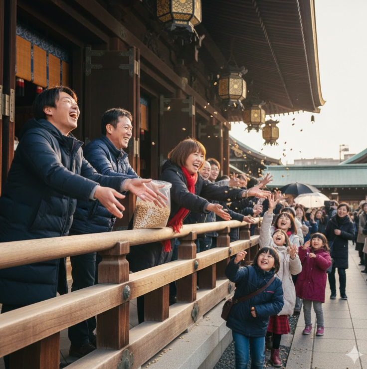 善光寺の本堂の回廊から楽しそうに豆をまく一般客