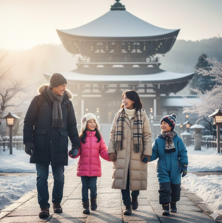 しっかりと防寒対策をしてお寺に行く家族