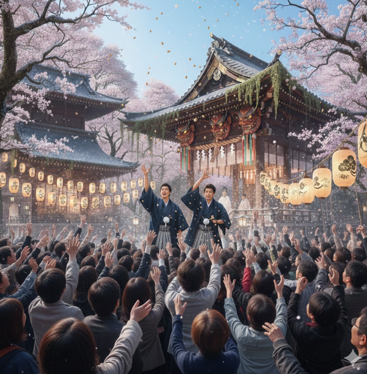 大國魂神社の節分祭に伝統的な裃を着用して、豆をまくゲスト

