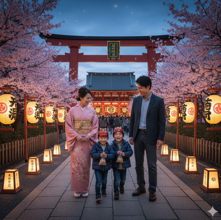 神社の節分祭に向かう楽しそうな家族