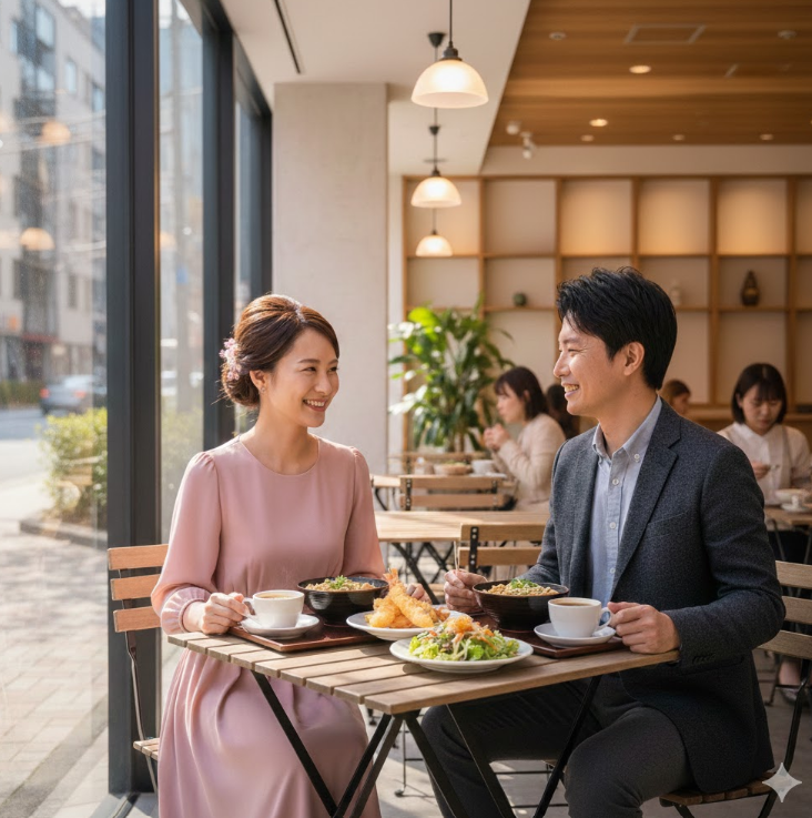 府中の街でランチを楽しむカップルのイメージ