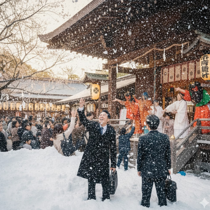 節分の日の仕事帰りに、神社によって、豆まきの様子を見に来たサラリーマン2人組