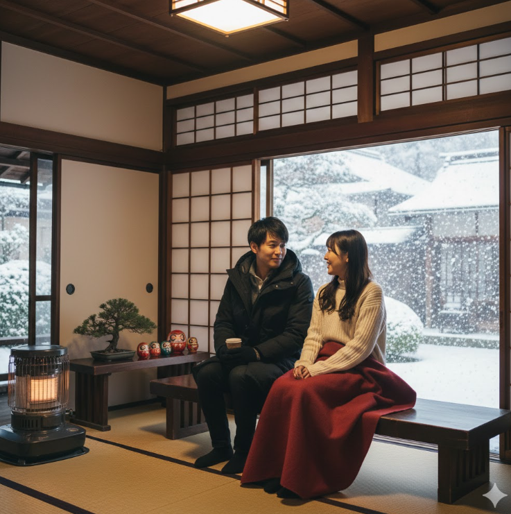 神社の休憩所のベンチに座って、休憩しているカップル