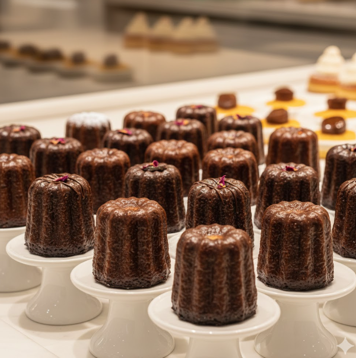 カヌレがショーケースに綺麗に並んでいる様子

