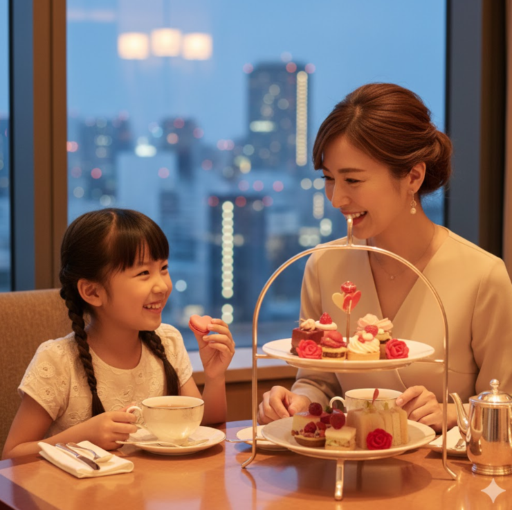高級ホテルでバレンタインのアフタヌーンティーを楽しむ親子