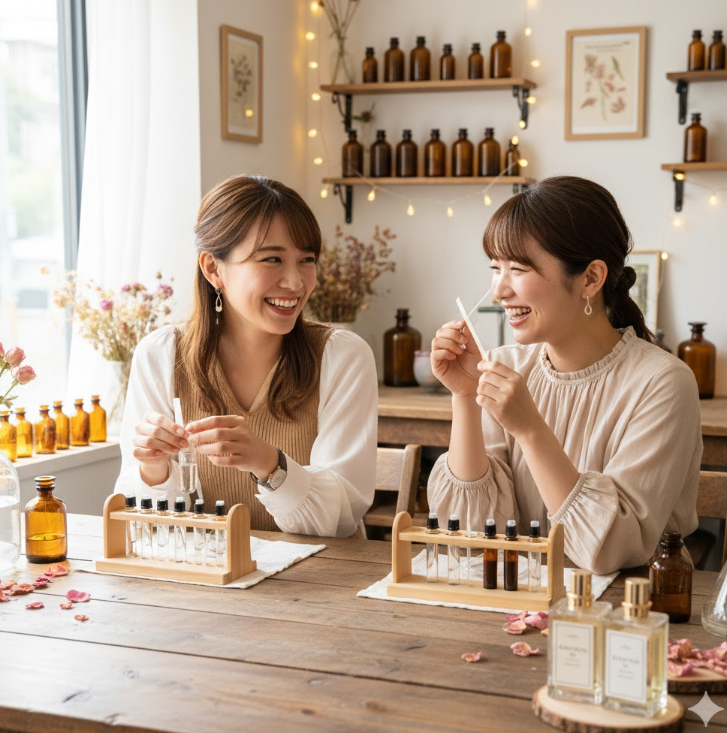 香水作りのイベントに来た女友達2人