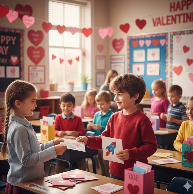 バレンタインデーに、アメリカの小学校でカード交換をしている様子