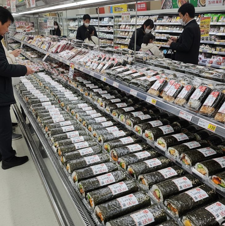 節分の日に、スーパーで、恵方巻が並んでいる様子