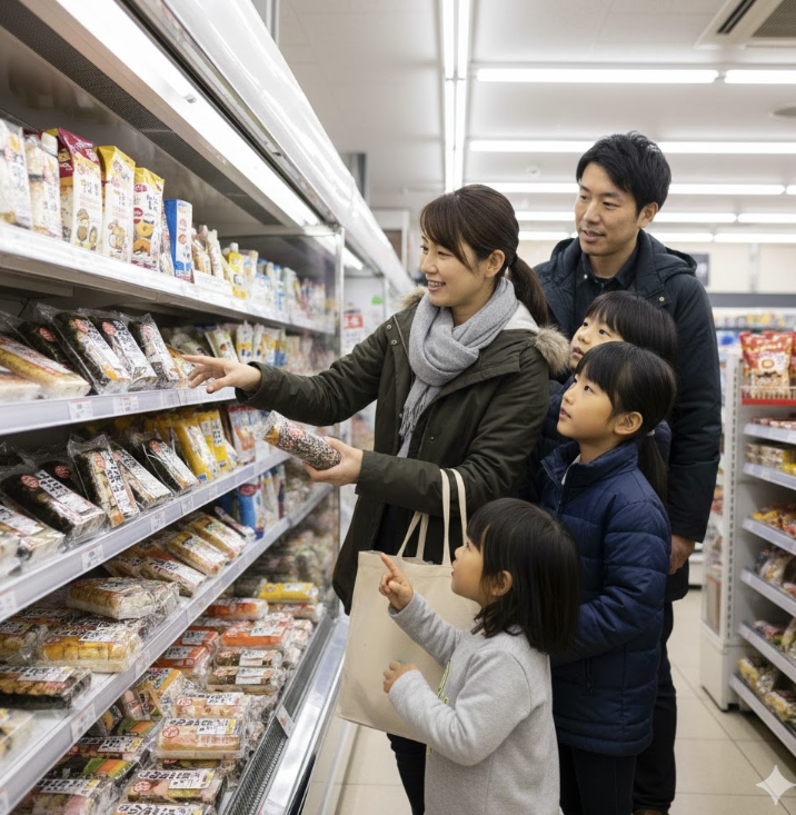 節分の日に家族の恵方巻を買うファミリー