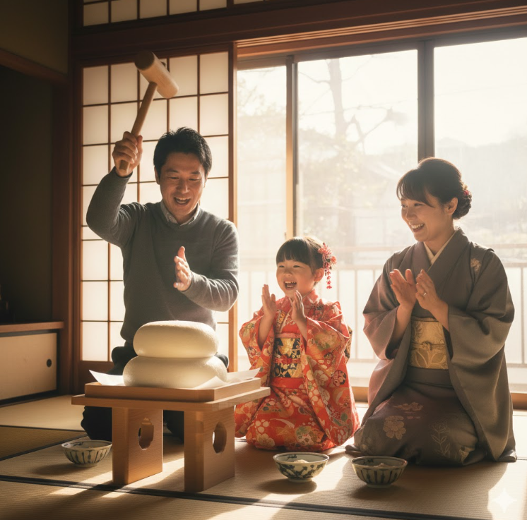 鏡餅を木槌で叩いて開いている様子