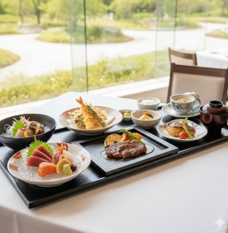 ホテルのレストランで食べるお造り、揚げ物、お肉料理、焼き物、そして茶碗蒸しがついた豪華なランチ